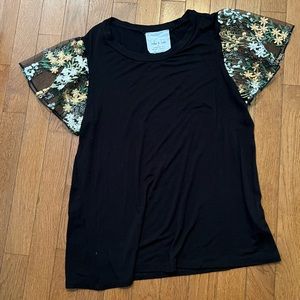 Black top with sheer, flower designed sleeves